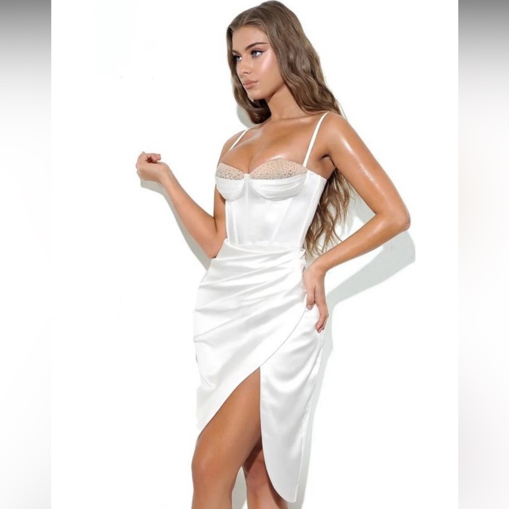 Miss Circle White Rhinestone Satin Bra Corset Slip Dress with high Slit Size S